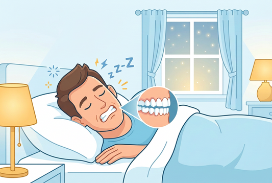 Ilustración de un hombre que rechina los dientes mientras duerme, con detalle de la dentadura.