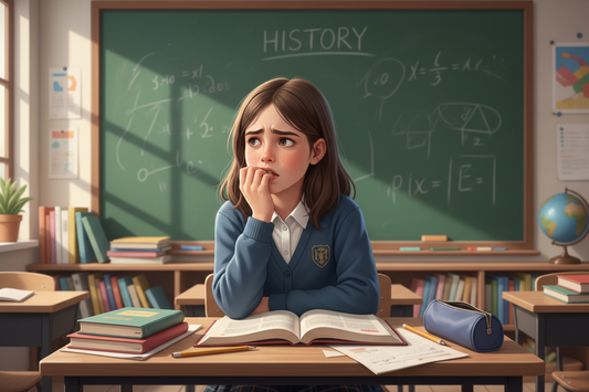 Niña mordiéndose las uñas en clase, ejemplo de onicofagia como hábito parafuncional