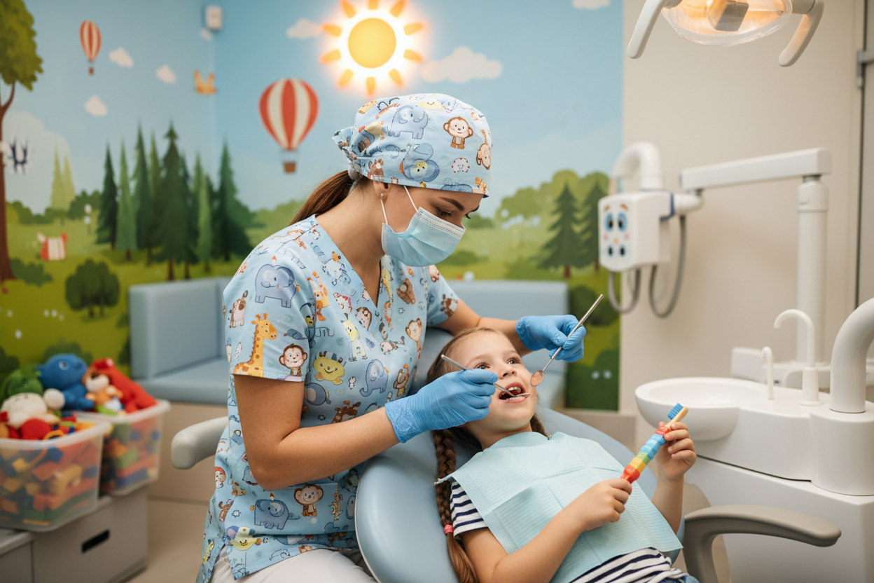 Una odontóloga evaluando en su consultorio a un niño. Ella debe estar usando uniforme con temas infantiles, gorro de consulta, guantes y tapabocas. 